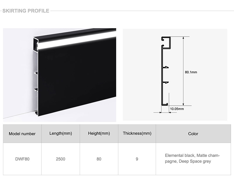 Plinthe en alliage d'aluminium LED 80*9mm