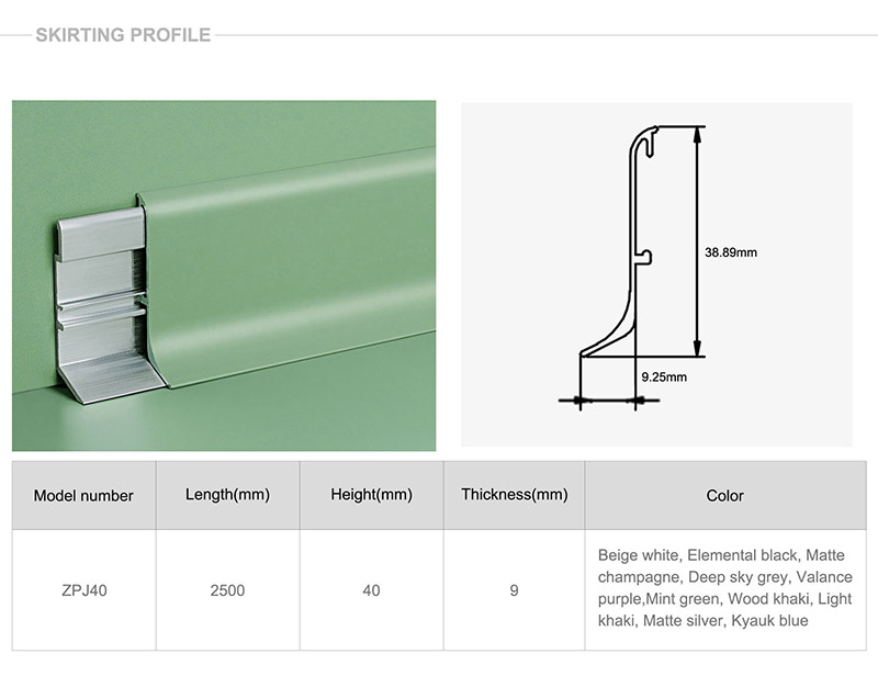 Plinthe de plancher en aluminium de 40*9mm