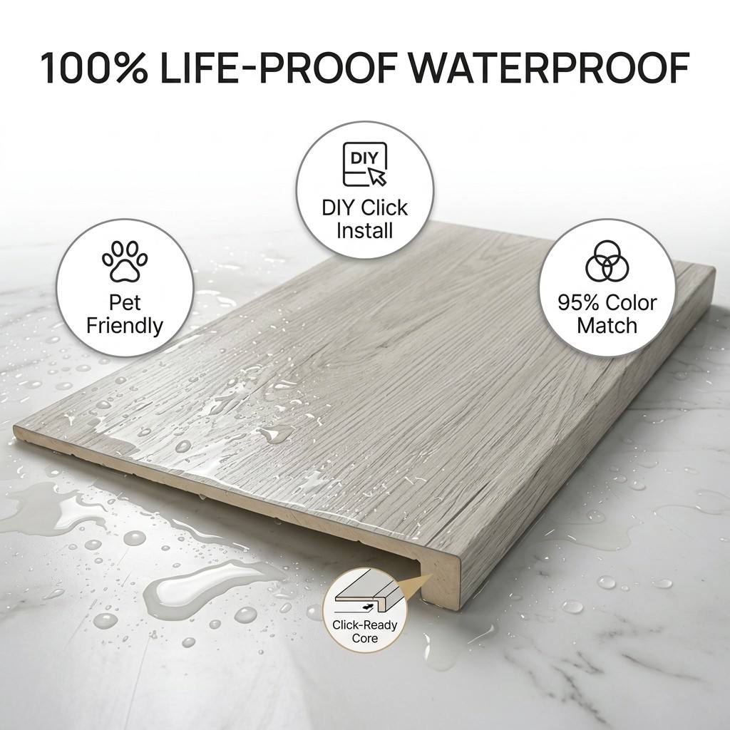 Bande de roulement d'escalier complète SPC étanche, marche monobloc sans couture de 12 x 47 po pour la rénovation de la maison